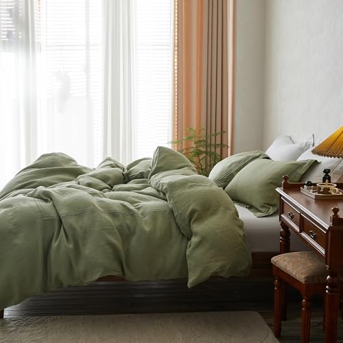 Simple&Opulence 100% Washed Linen Duvet Cover Set 68"x86" - 2 Pieces Soft Farmhouse Comforter Set Double Embroidered with Button Closure - 1 Duvet Cover and 1 Pillowsham (Sage Green, Twin) - color: 2 Embroidery Sage Green, size: Twin