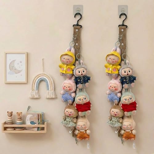 Plush Doll Hanging Storage Rope Display Rack with 8 Clips – Wall Hanging Organizer for Keychain Plushies, Mini Toys– Holds up to 3kg (Brown) - color: Brown