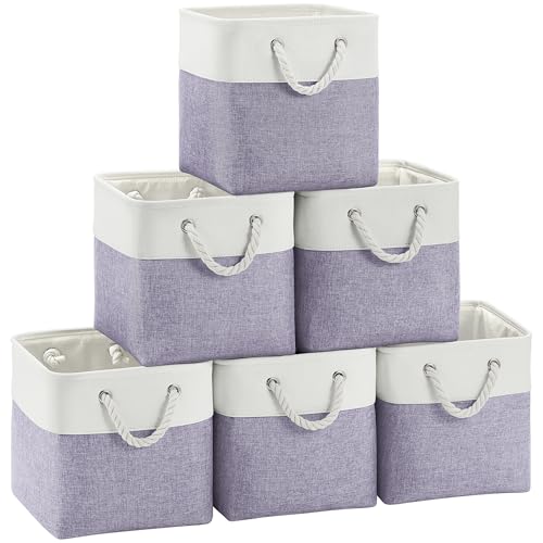 FinishingBo 11 inch Cube Storage Bin with Handles 6 Pack | Foldable Basket, Fabric Storage Bins, Closet Storage, Home Organizer (White/Purple) - color: White/Purple-6 Pack
