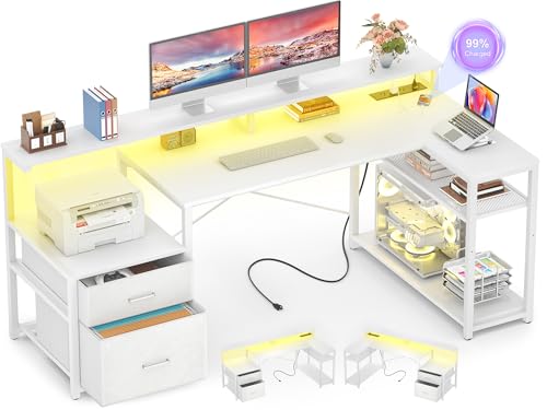 Aheaplus L Shaped Desk with File Drawer, Reversible L Shaped Computer Desk Gaming Desk with Power Outlet & LED Strip, Home Office Desk with Monitor Shelf, Corner Desk with Storage Shelves, White - color: White