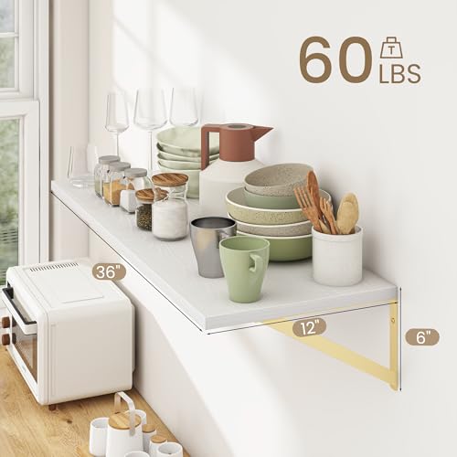 Dreamland Wall Mounted Floating Shelves Set of 2, 36x12, White&Gold | Engineered Wood, Visible Bracket, Large Storage, Hold Up to 60lbs, Living Room, Bathroom, Bedroom, Kitchen - color: White&gold, size: 36"W x 12"D