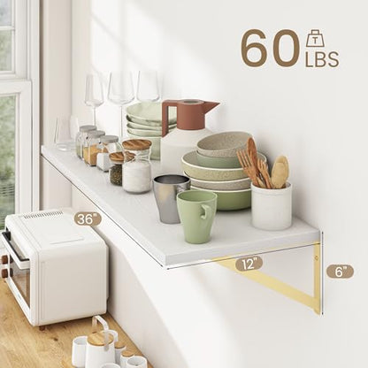 Dreamland Wall Mounted Floating Shelves Set of 2, 36x12, White&Gold | Engineered Wood, Visible Bracket, Large Storage, Hold Up to 60lbs, Living Room, Bathroom, Bedroom, Kitchen - color: White&gold, size: 36"W x 12"D
