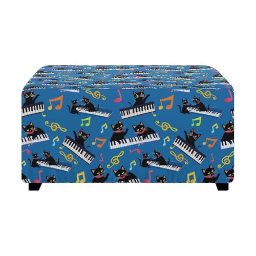 Black Cat Piano Ottoman Covers Rectangle Footrest Slipcovers, Universal Square Stool Cover with Elastic Bottom Washable Footstool Cover Ottoman Foot Stool Protector - color: Black Cat Piano, size: Large