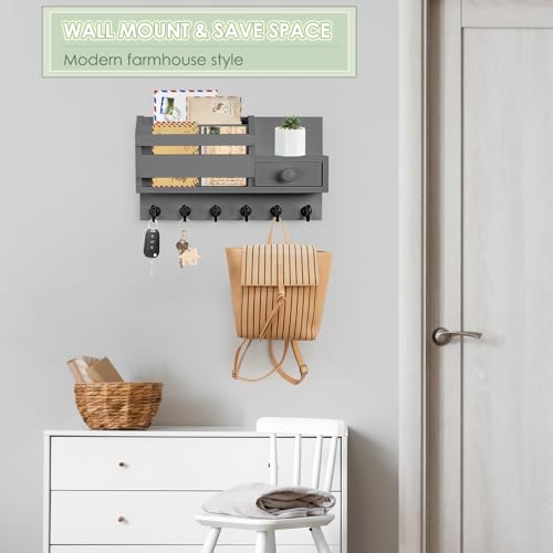 VIS'V Key Holder Wall Mount, Wooden Mail and Key Organizer, Gray | Contains Little Drawer, Small Shelf, 2 Slots, 6 Hooks, for Entryway, Hallway, Doorway, Kitchen, Garage, RV - color: Gray