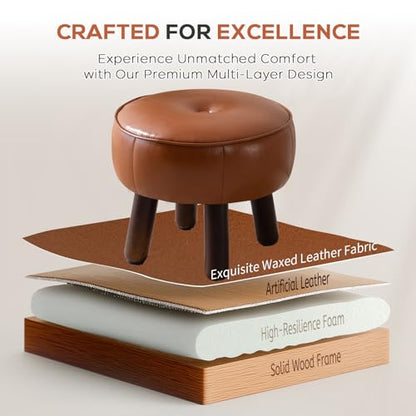 oakvivo Small Foot Stool, 13in Round Faux Leather Pouf Ottoman Foot Rest | Footstool Ottomans with Rubber Legs Under Desk, 13''L x 13''W x 10.2''H, Footrest for Couch, Living Room Bedroom, Brown - color: Brown