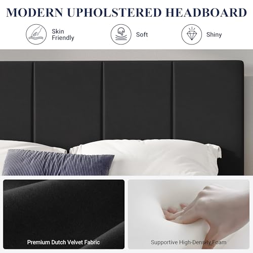 Allewie King Size Dutch Velvet Upholstered Platform Bed Frame/Vertical Channel Tufted Adjustable Headboard/Low Profile Bed Frame/No Box Spring Needed/Easy Assembly/Black - color: Black, size: King