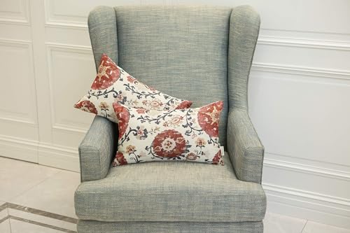 Pack of 2 Jacquard Circle Floral Throw Pillow Covers, Cream Red | Rectangle, Oblong Pillow Cases, For 12X20 Inserts - color: 12x20 Red