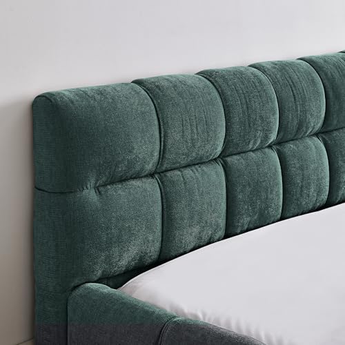 Chenille Fabric Upholstered Platform Bed Frame with Soft Headboard, Modern Low Profile Grounded Design, No Box Spring Needed, Sturdy MDF & Wood Frame, Neutral Style (Blue green, Queen (U.S. Standard)) - color: Blue Green, size: Queen (U.S. Standard)