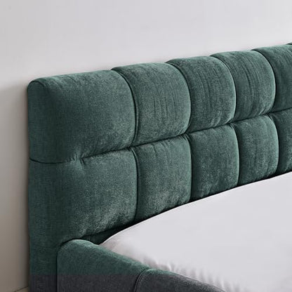 Chenille Fabric Upholstered Platform Bed Frame with Soft Headboard, Modern Low Profile Grounded Design, No Box Spring Needed, Sturdy MDF & Wood Frame, Neutral Style (Blue green, Queen (U.S. Standard)) - color: Blue Green, size: Queen (U.S. Standard)