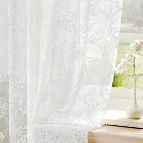 Anmao 3D Textured Floral & Leaves Pattern Semi-Sheer Lace Curtains 84 Inches Long 2 Panels Set- Rod Pocket Light Filtering Drapes with Privacy for Living Room & Bedroom, (52" W x 84" L), White - color: White, size: 52"W x 84"L (Pack of 2)