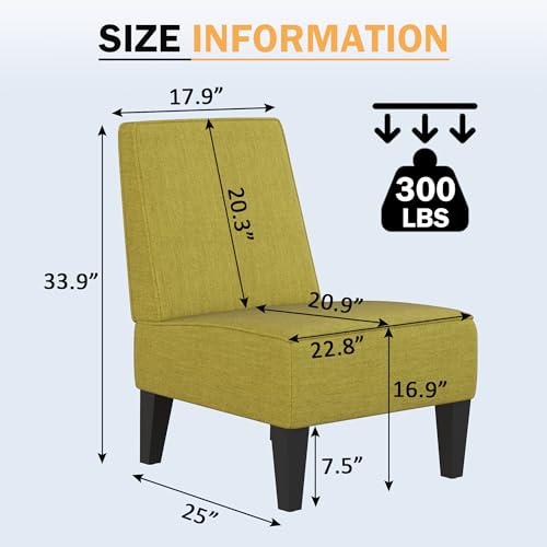 Armless Accent Chairs Set of 2, Green Upholstered Linen Slipper Chair with Solid Wood Legs, Mid Century Modern Side Chairs for Small Living Room Bedroom Apartment Reading Nook - color: Green