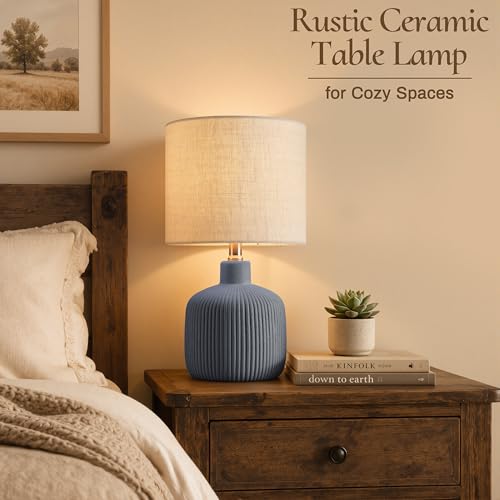 Ceramic Table Lamp, 17.75" Nautical Bedside Lamp with Beige Linen Shade, Warm Ambient Nightstand Lighting for Beach House, Navy Blue - color: Blue