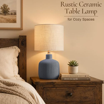 Ceramic Table Lamp, 17.75" Nautical Bedside Lamp with Beige Linen Shade, Warm Ambient Nightstand Lighting for Beach House, Navy Blue - color: Blue