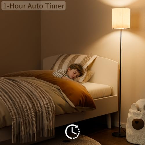 63.8" Square Floor Lamp with White Linen Shade | Dimmable Standing Lamp, Remote & Foot Switch, 3 Color Temperatures, 9W LED Bulb Included, for Living Room, Bedroom & Office - color: Beige