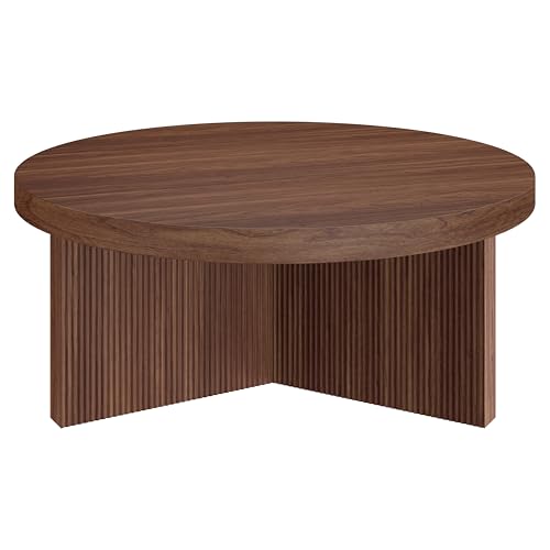 Henn&Hart 36" Scandinavian Fluted Coffee Table, Medium Walnut | Ribbed pedestal base and low profile bring Scandinavian style to small spaces including living rooms or family rooms - color: Medium Walnut, size: 36 inches