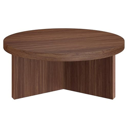Henn&Hart 36" Scandinavian Fluted Coffee Table, Medium Walnut | Ribbed pedestal base and low profile bring Scandinavian style to small spaces including living rooms or family rooms - color: Medium Walnut, size: 36 inches