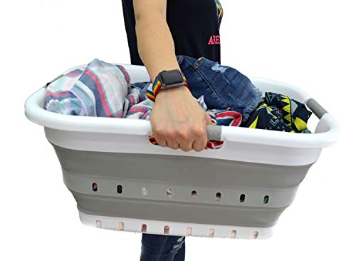 SAMMART 41L (10.8 gallon) Collapsible 3 Handled Plastic Laundry Basket - Foldable Pop Up Storage Container/Organizer - Portable Washing Tub - Space Saving (3 handled rectangular, White/Grey)