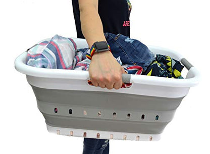 SAMMART 41L (10.8 gallon) Collapsible 3 Handled Plastic Laundry Basket - Foldable Pop Up Storage Container/Organizer - Portable Washing Tub - Space Saving (3 handled rectangular, White/Grey)