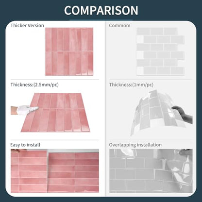 10 Sheets Upgraded Thicker Design Subway Tile Peel and Stick Backsplash | 12”×12”Self Adhesive Wall Tiles Stick on Back Splash for Kitchen,Bathroom,Camper(Pink) - color: Pink