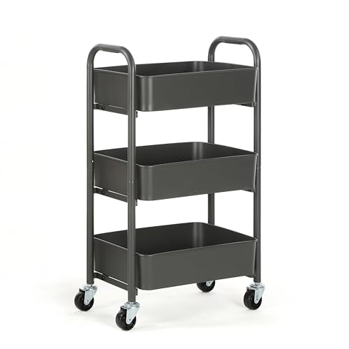 SunnyPoint 3-Tier Delicate Compact Rolling Metal Storage Organizer - Mobile Utility Cart Kitchen/Under Desk Cart with Caster Wheels (Gray, 15.35" X 10.24" X 26.8"H) - color: Grey