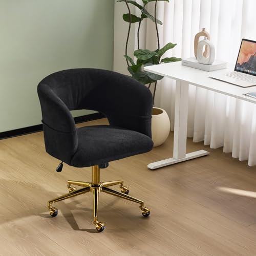 VINGLI Modern Curved Office & Vanity Desk Chair, Cute Upholstered Nail Chair with Wheels & 360° Swivel & Club & Tilting & Gold Base, for Bedroom, Living Room, Makeup, Velvet Chenille, Black - color: Black