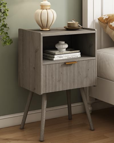Nightstand,Modern Bedside Table with Storage Drawer and Open Wood Shelf, for Living Room, Bedroom and Small Spaces, Accent Night Stand with Solid Wood Legs, Easy Assembly,Grey Oak - color: Grey Oak