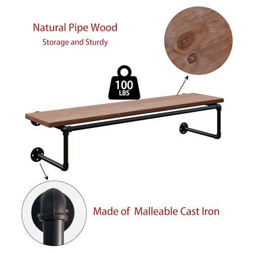 Clothes Rack 42in, Wall Mounted Garment Racks with Real Brown Wood Shelf, Heavy Duty Hanging Clothes Rack, Multi-Purpose Hanging Rod, Space-Saving Closet Storage - color: Brown, size: 1T42IN