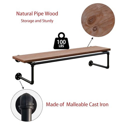 Clothes Rack 42in, Wall Mounted Garment Racks with Real Brown Wood Shelf, Heavy Duty Hanging Clothes Rack, Multi-Purpose Hanging Rod, Space-Saving Closet Storage - color: Brown, size: 1T42IN