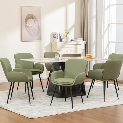 VKNOW Modern Faux Leather Dining Chairs Set of 2 with Armrest, Green | Armed Dining Room Chairs with Metal Legs, Kitchen Chairs for Restaurant Kitchen Living Room - color: Green-leather, size: Set of 2
