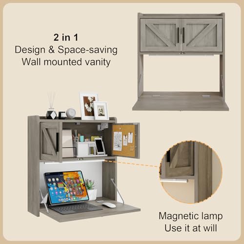 ARTETHYS Wall Mounted Desk Folding with Light Drop Down Hanging Desk,Gray | Multifunctional Fold Down Laptop Computer Table, Writing Workstation with Storage Compartments, Space Saving for Home - color: Grey