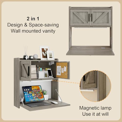 ARTETHYS Wall Mounted Desk Folding with Light Drop Down Hanging Desk,Gray | Multifunctional Fold Down Laptop Computer Table, Writing Workstation with Storage Compartments, Space Saving for Home - color: Grey