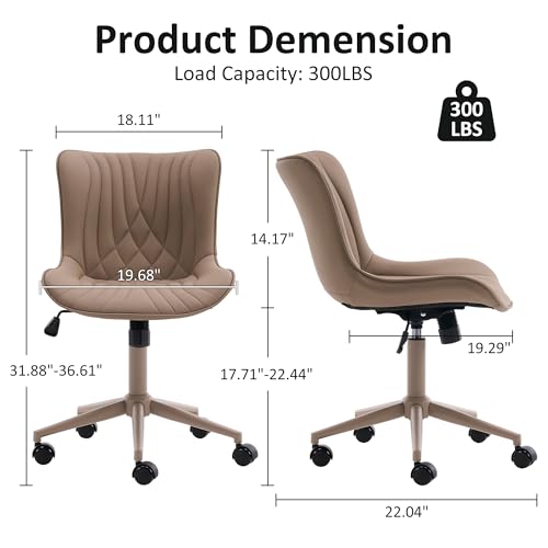 YOUTASTE All Khaki Office Chair, Modern Armless Desk Chair with Back, Adjustable Swivel Rolling Faux Leather Task Chair with Wheels Metal Base for Home Office, Study, or Vanity - color: All Khaki