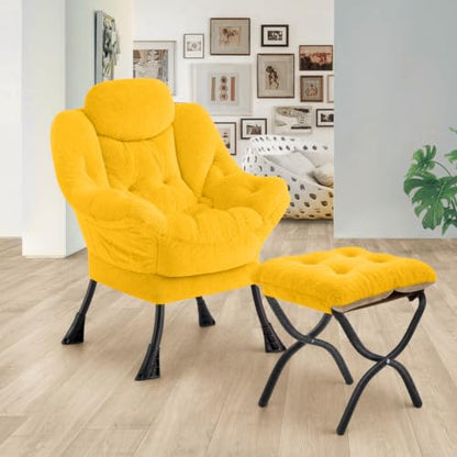 Lazy Chair with Folding Ottoman,Leisure Sofa Chair,Soft Fabric Armchair with Armrests and Side Pockets, Reading Chair with Footrest for Living Room, Bedroom, Office (Plush Yellow) - color: Plush Yellow
