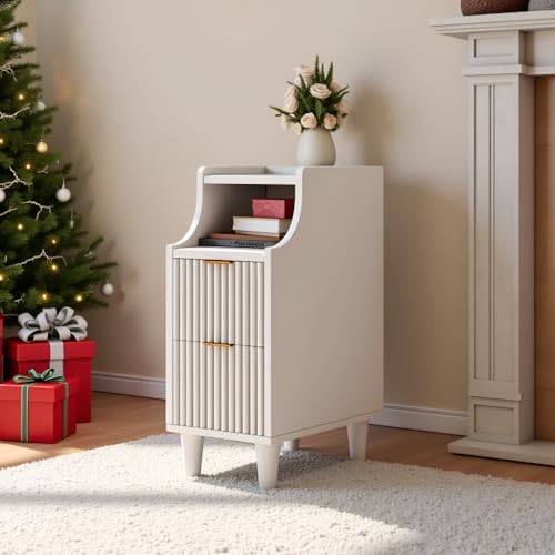 7.9" Narrow Fluted Nightstand Set of 2,Slim Side End Table with 2 Drawers,White Modern Bedside Table,Skinny Night Stand for Bedroom,Small Space - color: White,7.9" With 2 Drawers
