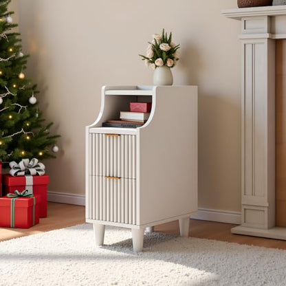 7.9" Narrow Fluted Nightstand Set of 2,Slim Side End Table with 2 Drawers,White Modern Bedside Table,Skinny Night Stand for Bedroom,Small Space - color: White,7.9" With 2 Drawers