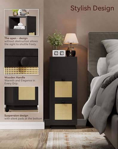 YMYNY Rattan Nightstands Set of 2, Boho Bedside Table with Open Shelf, 2 Drawers, 9.45" x 11.42" x 25.59", Narrow Side Table, Bedside Cabinet for Bedroom and Small Spaces, Black UHST017B-2 - color: Black
