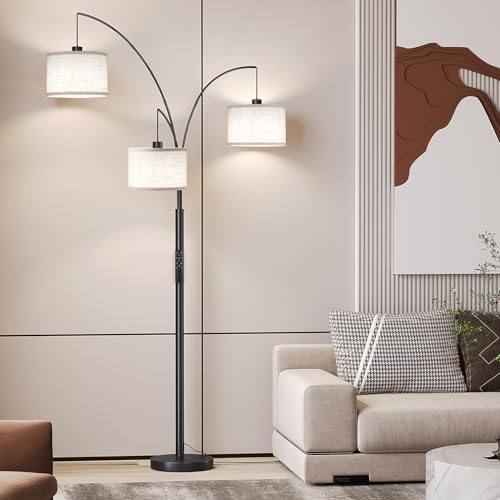 SUNMORY 3 Lights Floor Lamp with Remote Control and 3 Stepless Dimmable Bulbs, 78" Tall Standing Lamp with Hanging Drum Shade & Heavy Base, Modern Arc Floor Lamps for Living Room, Bedroom, Office | 3 Stepless Dimmable Bulbs, Hanging Drum Linen Shade & Hea
