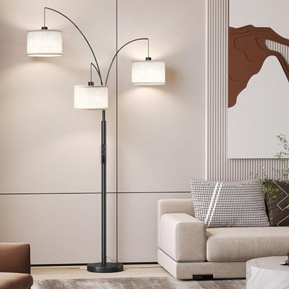 SUNMORY 3 Lights Floor Lamp with Remote Control and 3 Stepless Dimmable Bulbs, 78" Tall Standing Lamp with Hanging Drum Shade & Heavy Base, Modern Arc Floor Lamps for Living Room, Bedroom, Office | 3 Stepless Dimmable Bulbs, Hanging Drum Linen Shade & Hea
