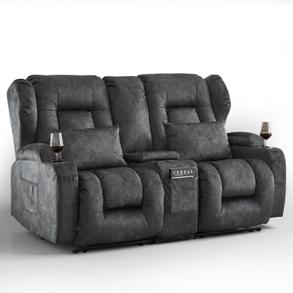 Loveseat Recliner Sofa,RV Wall Hugger Recliners with Console,Reclining Loveseat Sofa Recliner with Cup Holders/Lumbar Pillows for Small Spaces,RV Furniture (Gray,66" 2-Seater) - color: Grey, size: 66" 2-Seater