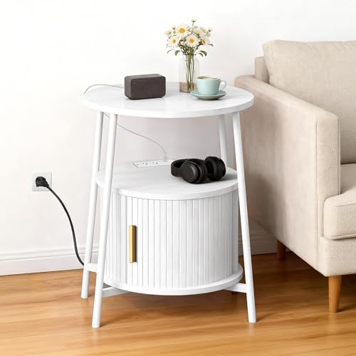 DHH Round End Tables Set of 2 & Charging Station, Fluted Accent Side Table with Sliding Door, Mid-Century Modern Nightstand Set of 2 for Small Space Storage, Living Room, Bedroom,Sofa Couch(2, White) - color: Grayish White