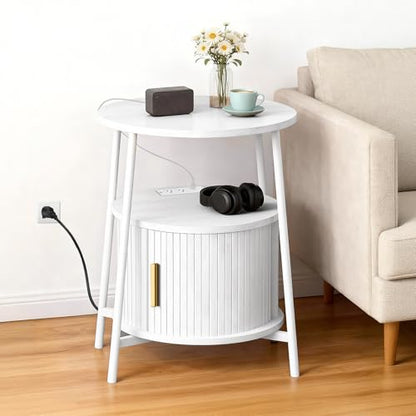 DHH Round End Tables Set of 2 & Charging Station, Fluted Accent Side Table with Sliding Door, Mid-Century Modern Nightstand Set of 2 for Small Space Storage, Living Room, Bedroom,Sofa Couch(2, White) - color: Grayish White
