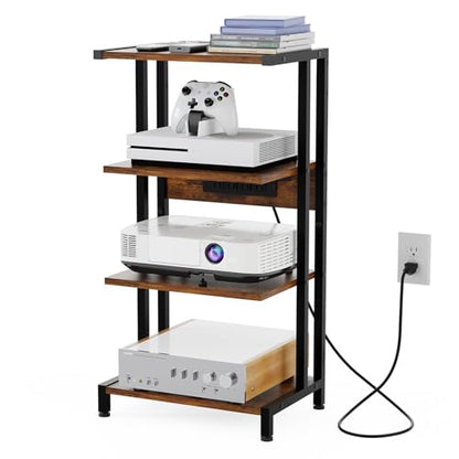 X-cosrack 16.5" Game Console Shelf, Small 4-Tier Video Gaming Consoles Stand with Outlet, Narrow Stereo Cabinet AV Media Stand, Corner Audio Rack for PS5,Xbox,Game Console,TV Box,WiFi Router - style: Outlet