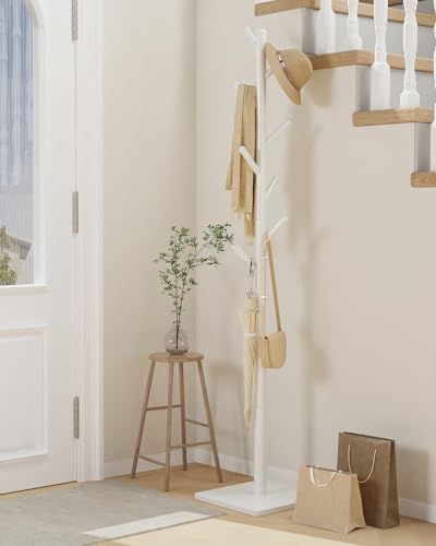 Yawinhe Coat Rack, Sturdy Woode Stand Tree with 8 Hooks,White | 3 Adjustable Heights Coat Tree Freestanding; Sturdy Clothes Stand with Square Base; Coat Standing Tree for Entryway, Hallway - color: White