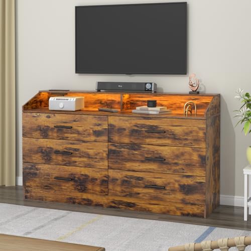 6 Drawer Dresser for Bedroom with Charging Station, Dresser with LED Light | Chest of Drawers for Closet, Modern Dressers with Open Storage Cubby, Double Wide Dressers - color: Brown