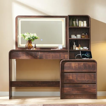 Aitjunz Vanity Desk with Mirror and Lights, 50” Modren Makeup Vanity with 35.43" Mirror and 5 Drawers, Makeup Table with Charging Station for Women and Girls, Bedroom (Brown) - color: Brown