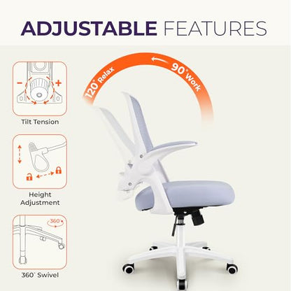 NEO CHAIR Office Desk Chair, Ergonomic Mesh with Flip-Up Armrests, Purple | Lumbar Support, Height Adjustment, 360° Swivel and Rolling Base, Space-Saving Design for Home Office, Vanity or Study - color: Purple