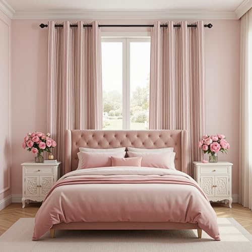 MYSKY HOME Striped Curtains 100% Blackout for Girls Bedroom 63 Inches Long Red Stripe Patterned Farmhouse Rustic Linen Blend Double Layer Drapes, Grommet, 2 Panels, 52" Wide - color: B-red/Blackout, size: 52"W x 63"L (Pack of 2)