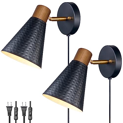 Black Plug in Wall Sconces Set of 2, Modern Bedroom Wall Light with on/off Cord, Wooden Plug Sconce with Hammered Metal Shade, Corded Wall Sconce Light for Decor Bedroom, Living Room, Hallway - color: Black