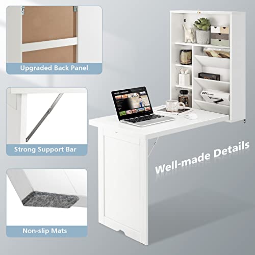 GOFLAME Wall Mounted Folding Desk, 3-Tier Tilt Storage Partition With Adjustable Shelves, Space-Saving Floating Laptop Desk, Convertible Writing Table for Home Office, White - color: White