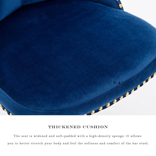 Velvet Bar Stool Set of 2, Adjustable Swivel Bar Stools with Gold Plated Metal Leg, Button Tufted, Footrest, Chrome Nailhead, Counter Height Chair for Kitchen, Bar, Dining Room (Blue) - color: Blue-gold Leg, size: Set of 2